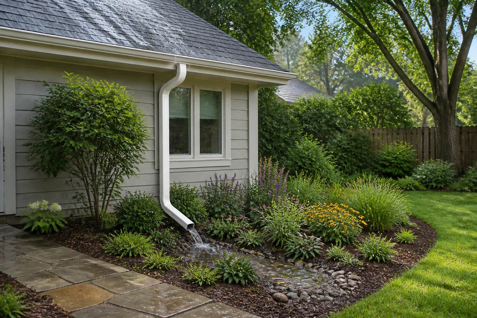 Roof and downspout directing runoff toward a planted garden area