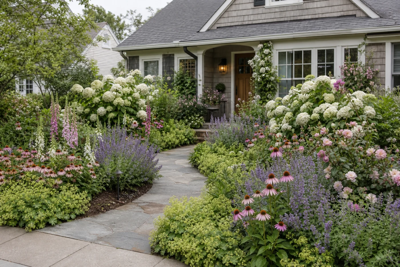 Cottage front garden with hydrangea, foxglove, coneflower, and catmint