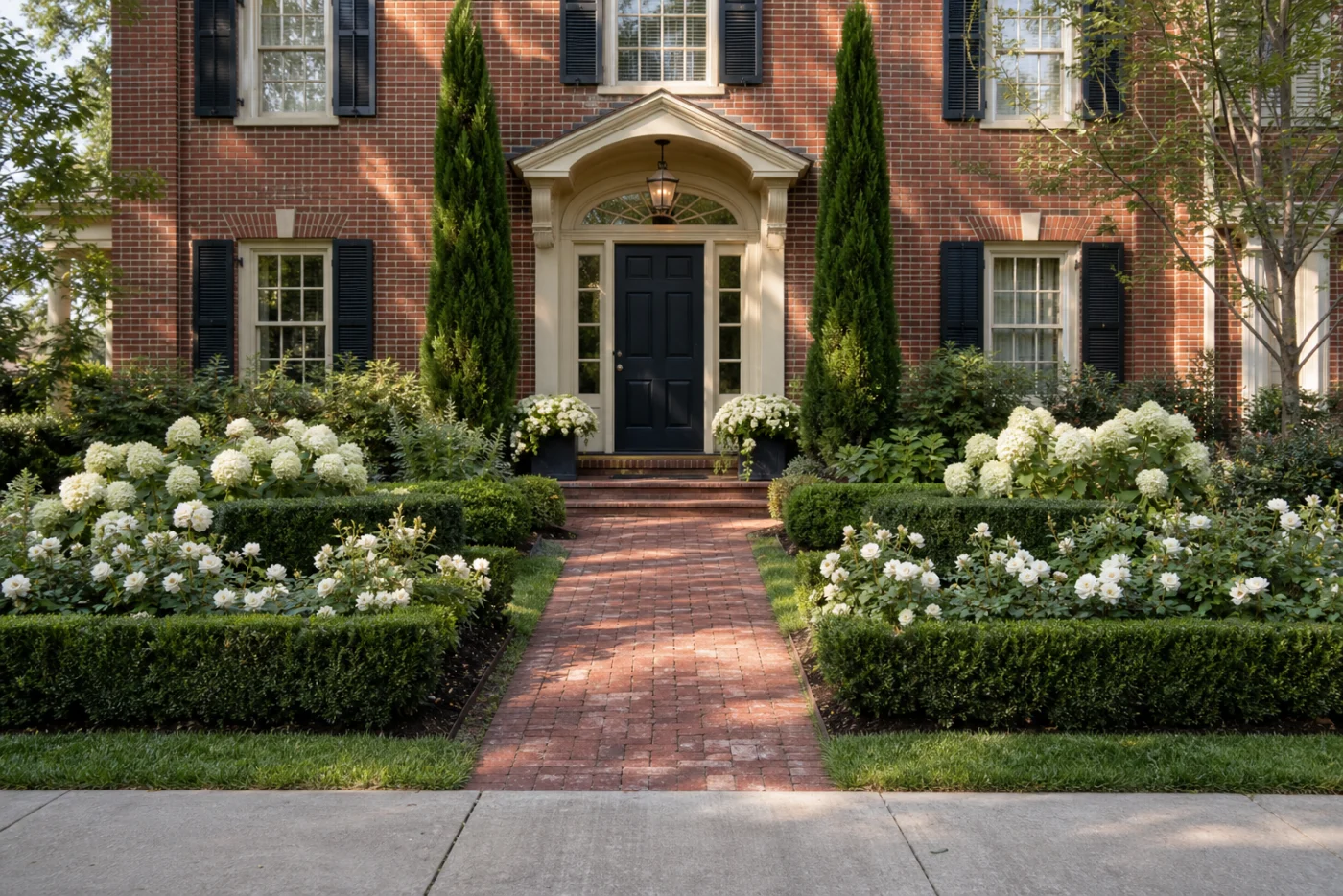 Formal front garden with symmetrical hedges, white flowers, and a straight brick path