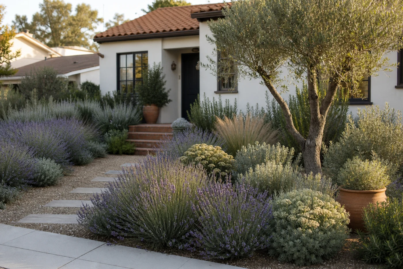 Mediterranean front garden with lavender, olive, silver foliage, and warm gravel