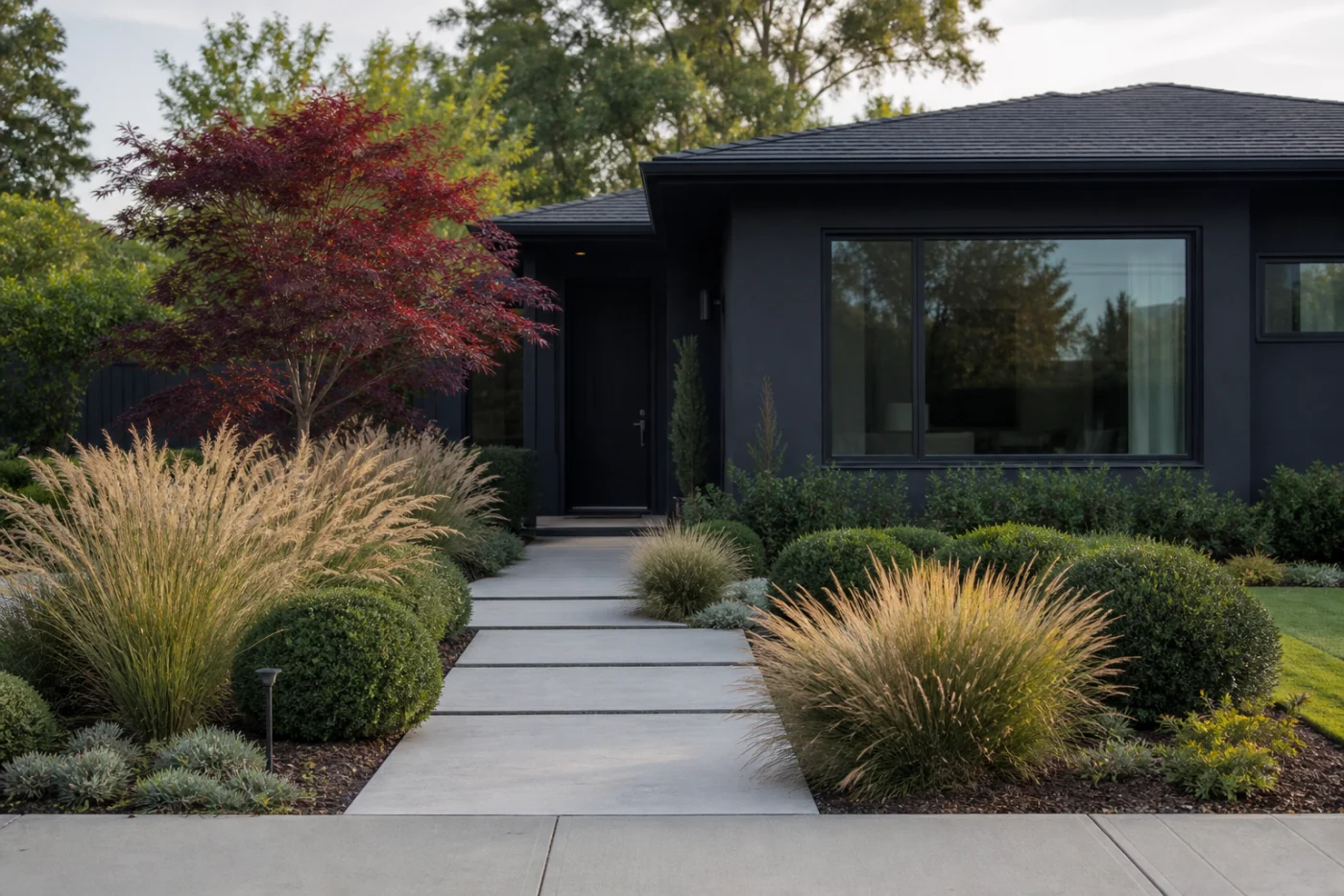 Modern front garden with repeated grasses, clipped evergreens, and clean paving