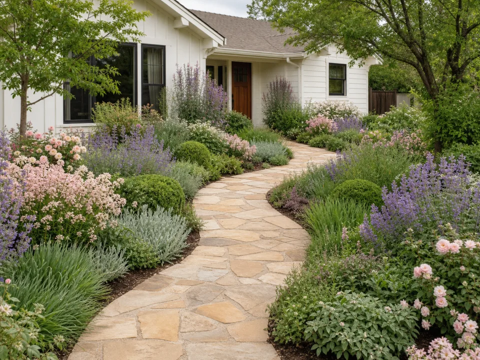 A gently curving path moving through layered planting