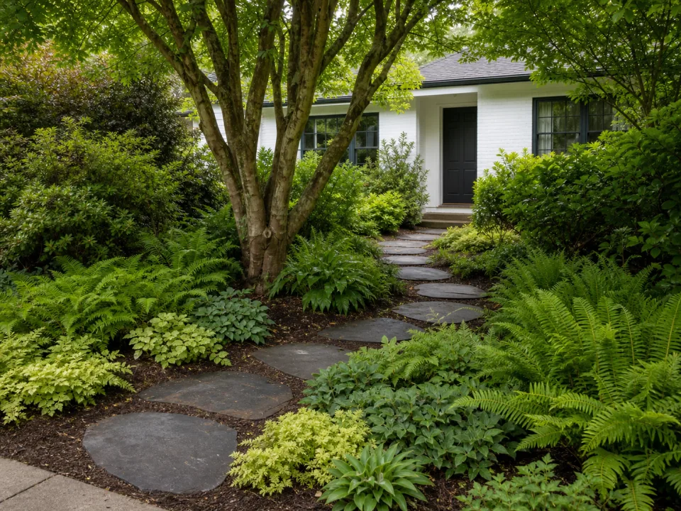An off-center stepping-stone route revealing the garden gradually
