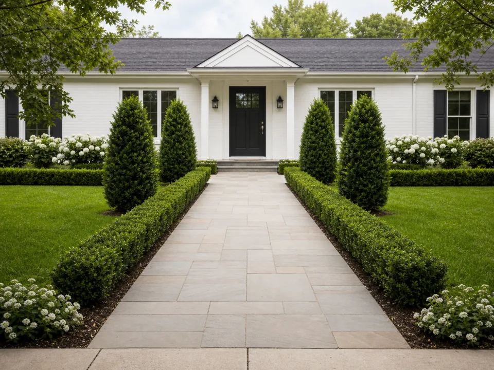 A straight centered path with balanced planting on both sides