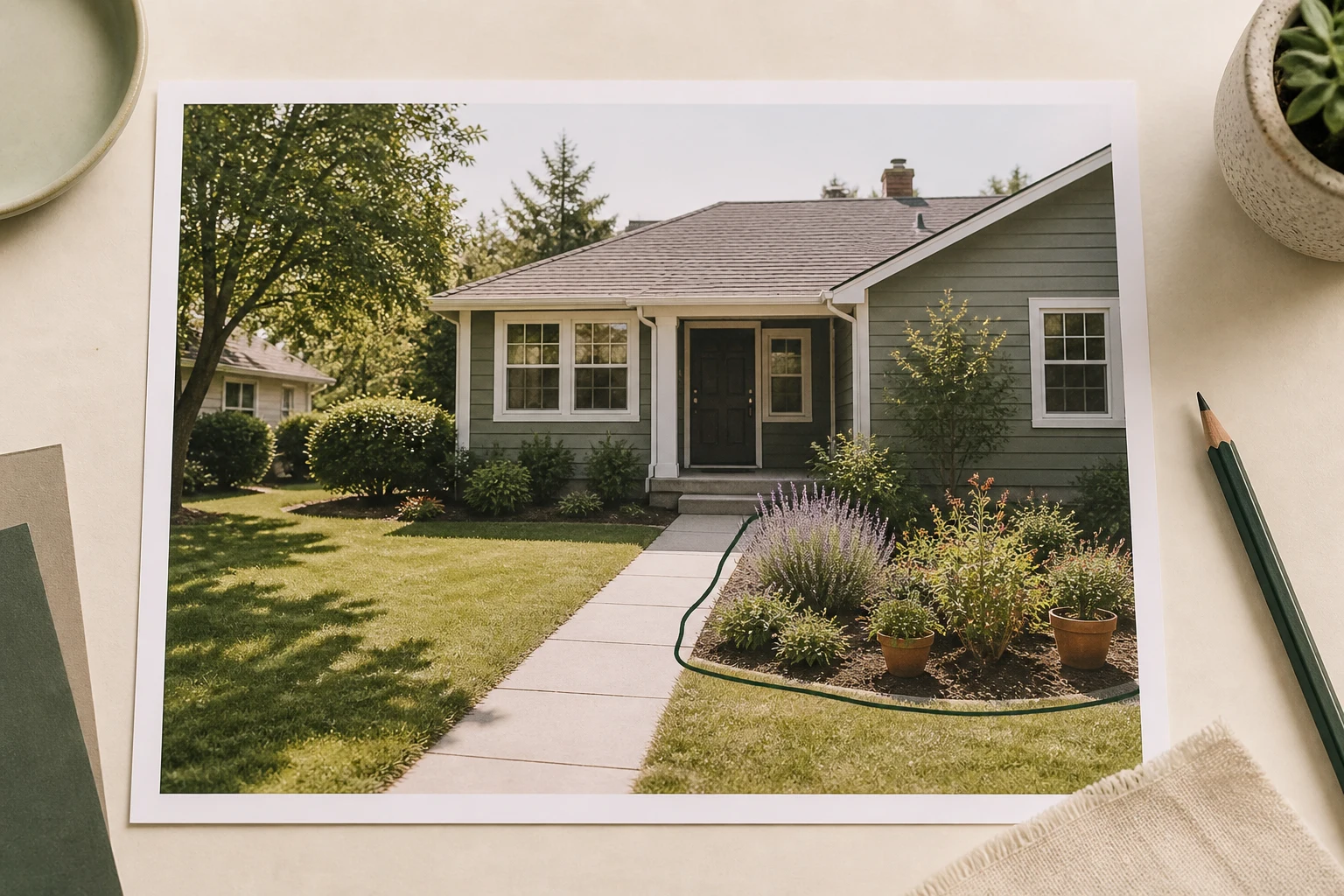 Printed yard photo with one planting bed outlined while the rest of the home and lawn remain visible