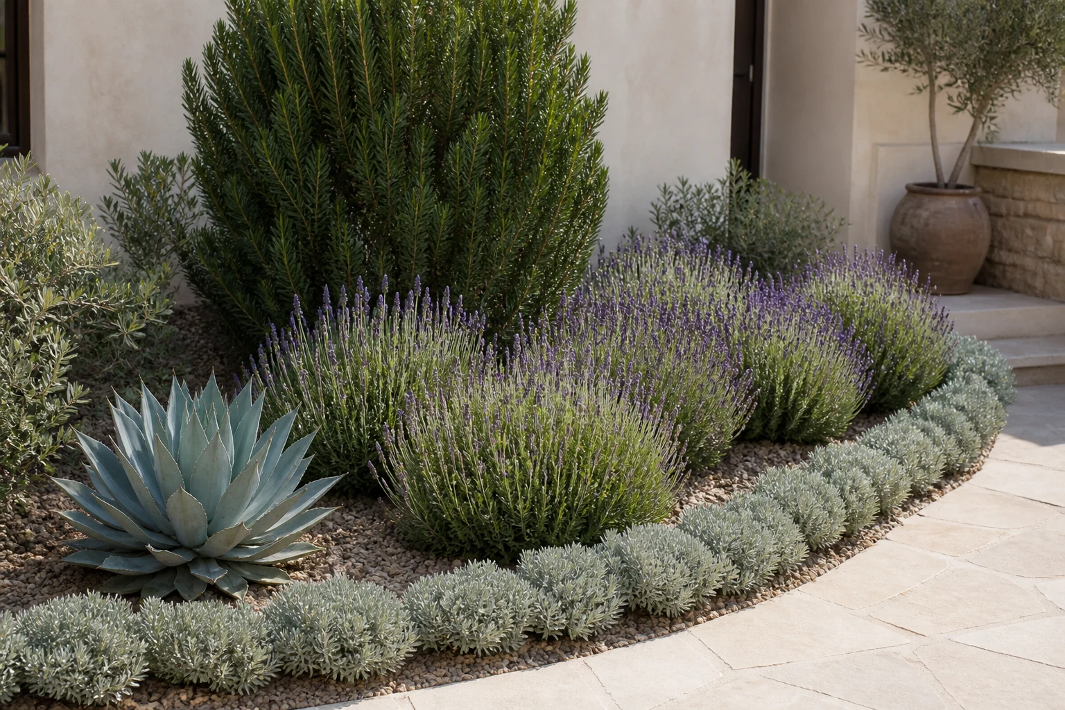 Layered Mediterranean planting showing a tall anchor, repeated flowering middle, low silver edge, and sculptural accent