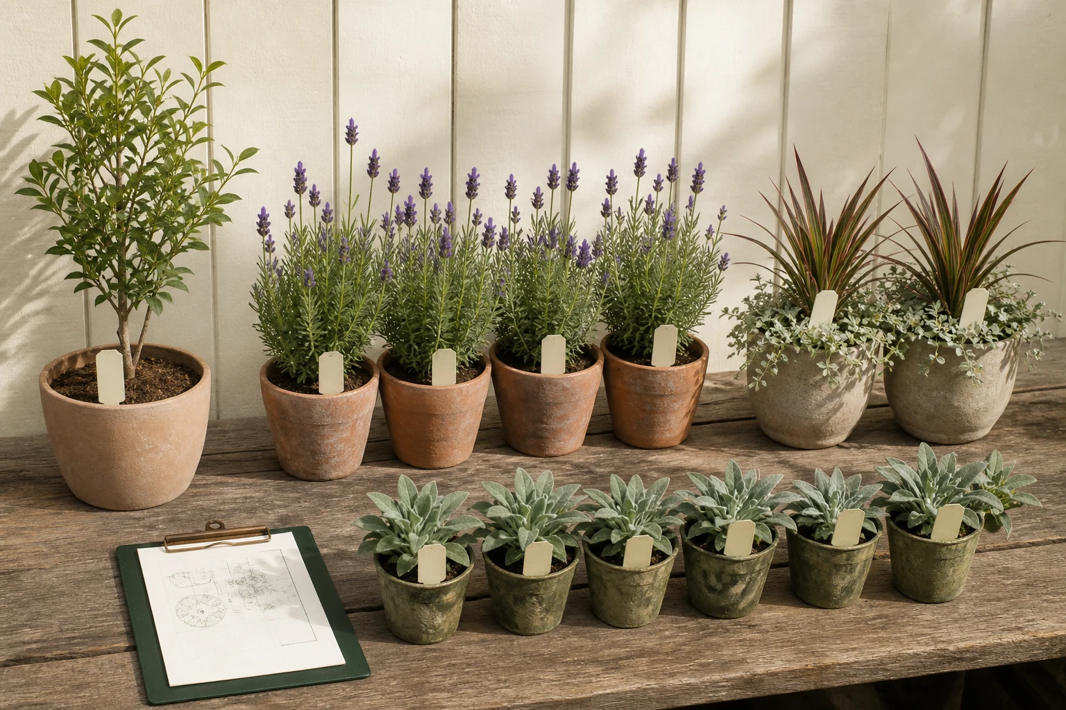 Nursery plants arranged in clear groups to illustrate one specimen, repeated plants, and accent quantities