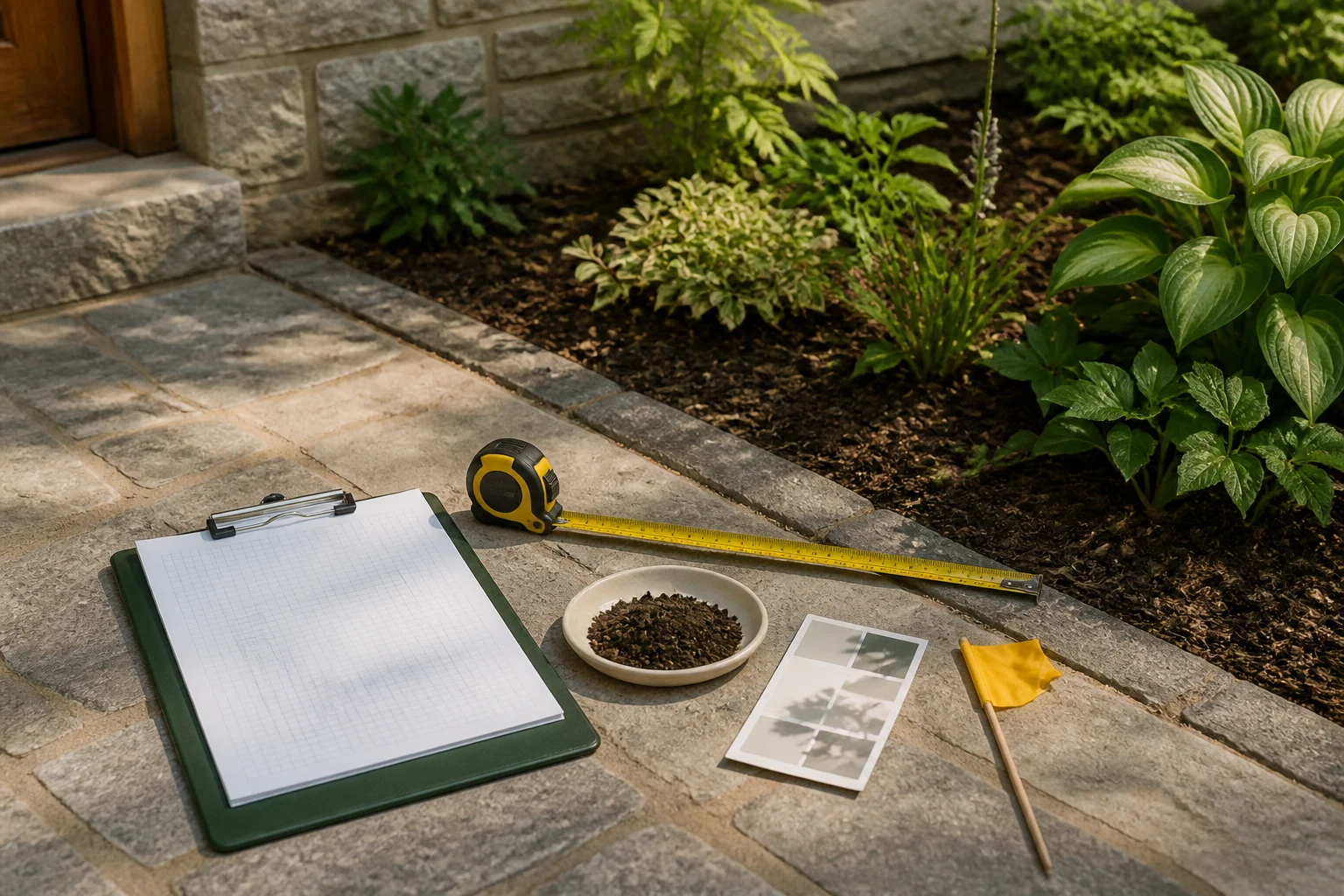 Garden planning workspace with a tape measure, soil sample, sunlight reference, and site notes beside a planting bed