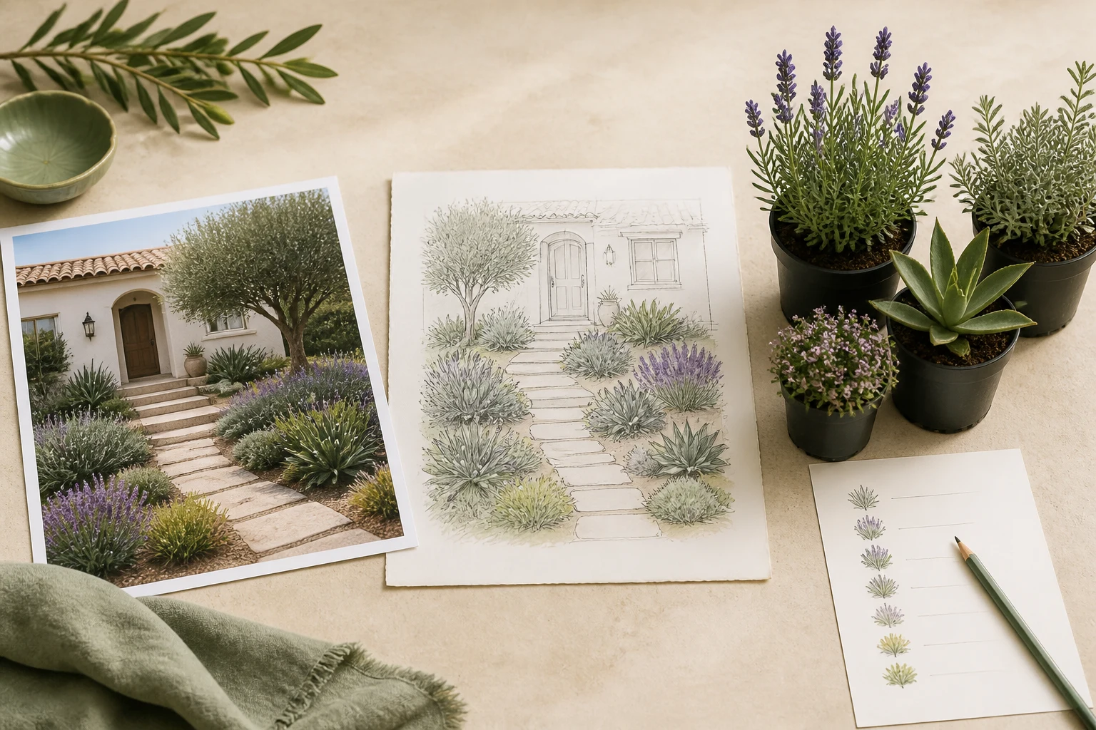 Editorial planning desk showing a real yard photo, a planting sketch, plant samples, and a hand-drawn planting list