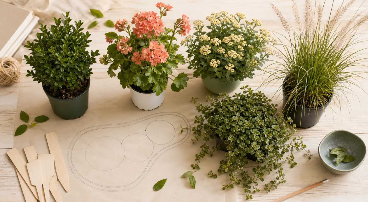 Illustrative nursery worktable with a structural shrub, flowering plants, groundcover, ornamental grass, and a sketched planting bed