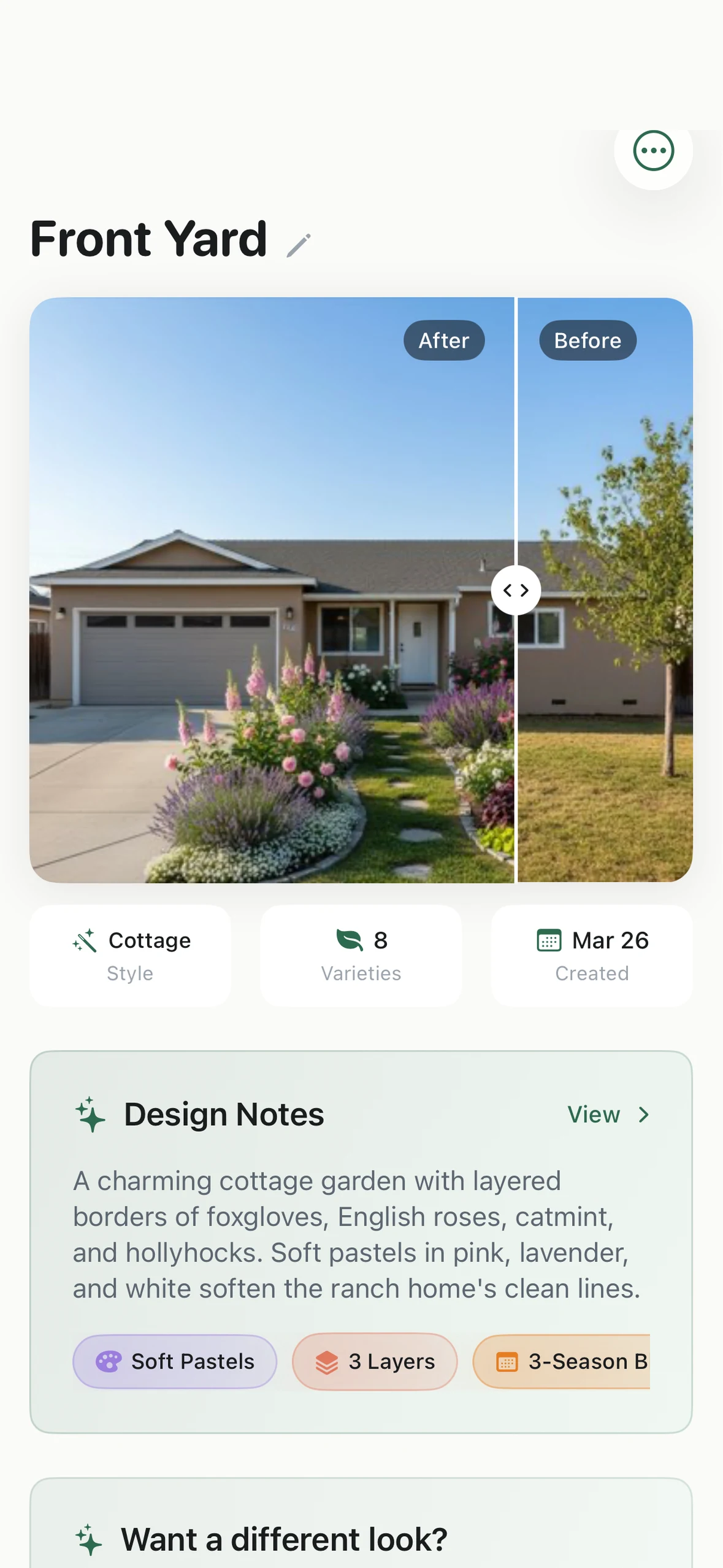 Gardenful design screen showing a second front yard as a cottage garden with design notes explaining the plant choices