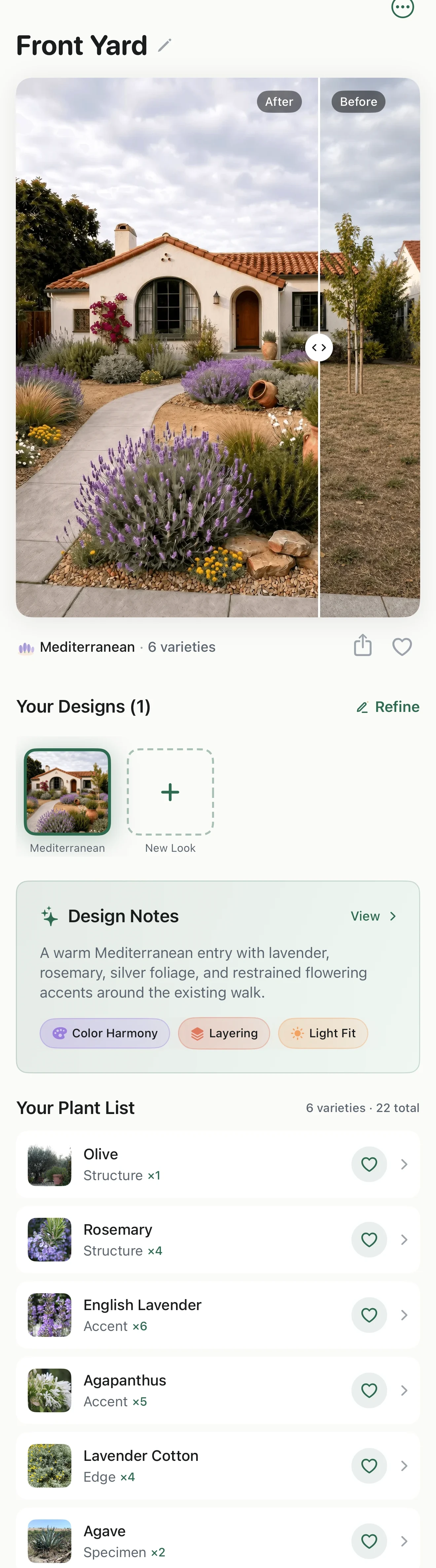 One continuous native Gardenful project scrolling from the Mediterranean yard comparison through design notes and the matching six-plant list