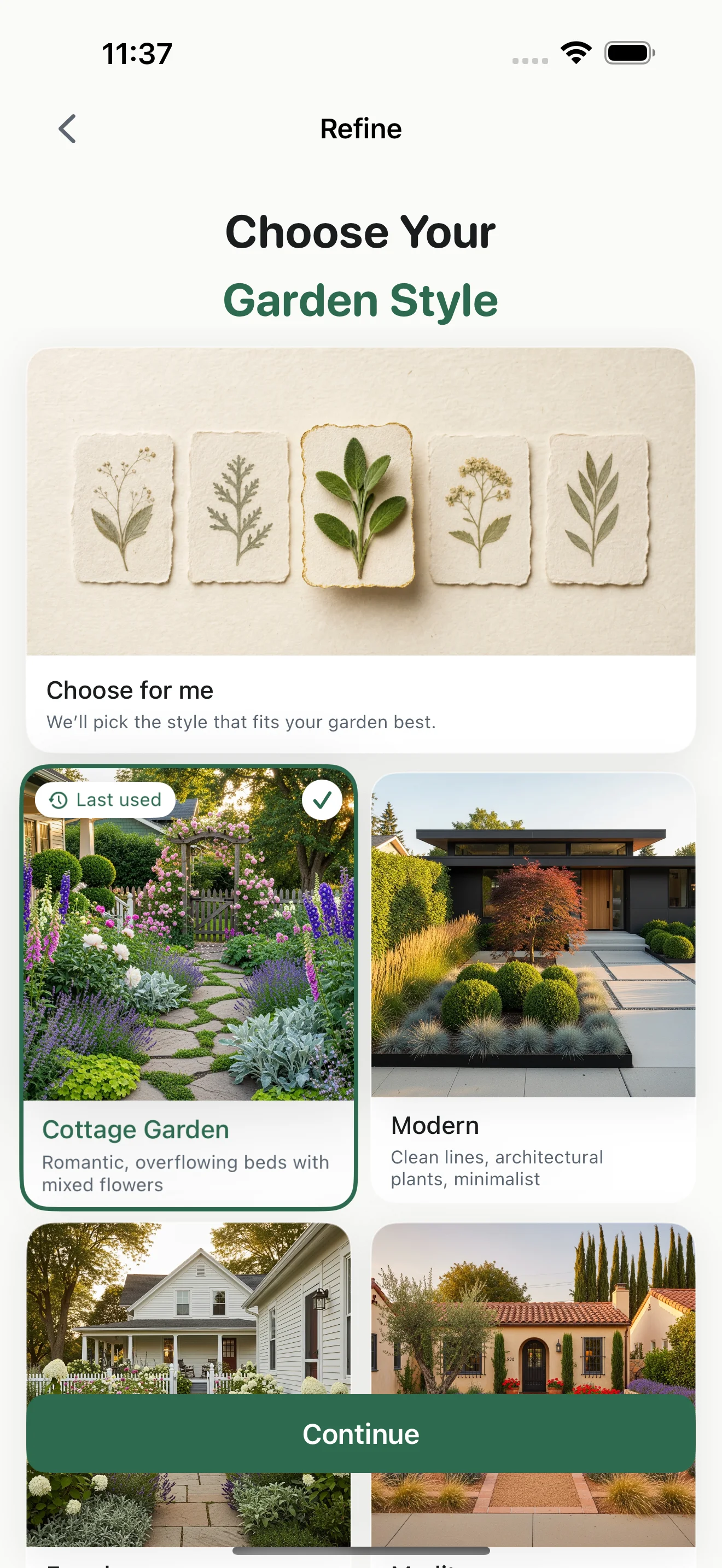 Gardenful iPhone screen titled Garden Style showing garden style choices including Cottage Garden, Modern, Farmhouse, and Mediterranean