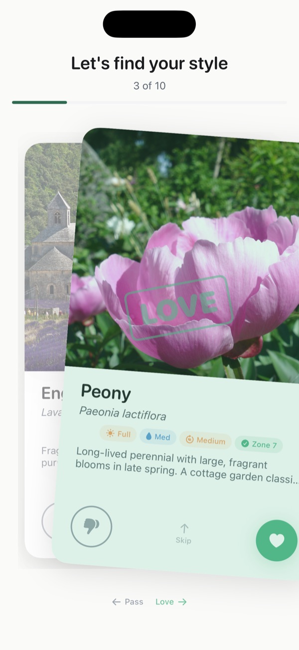 Tinder-style plant swiping — swipe right on a Peony to love it