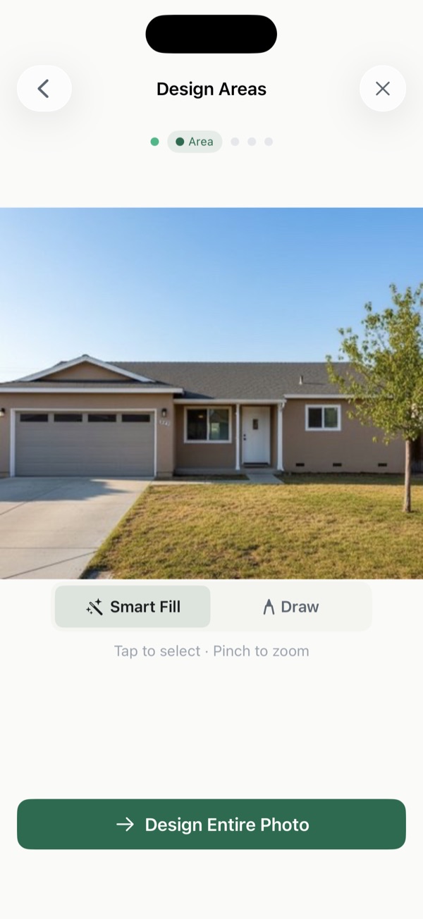 Design Areas screen showing a front yard photo with Smart Fill and Draw tools
