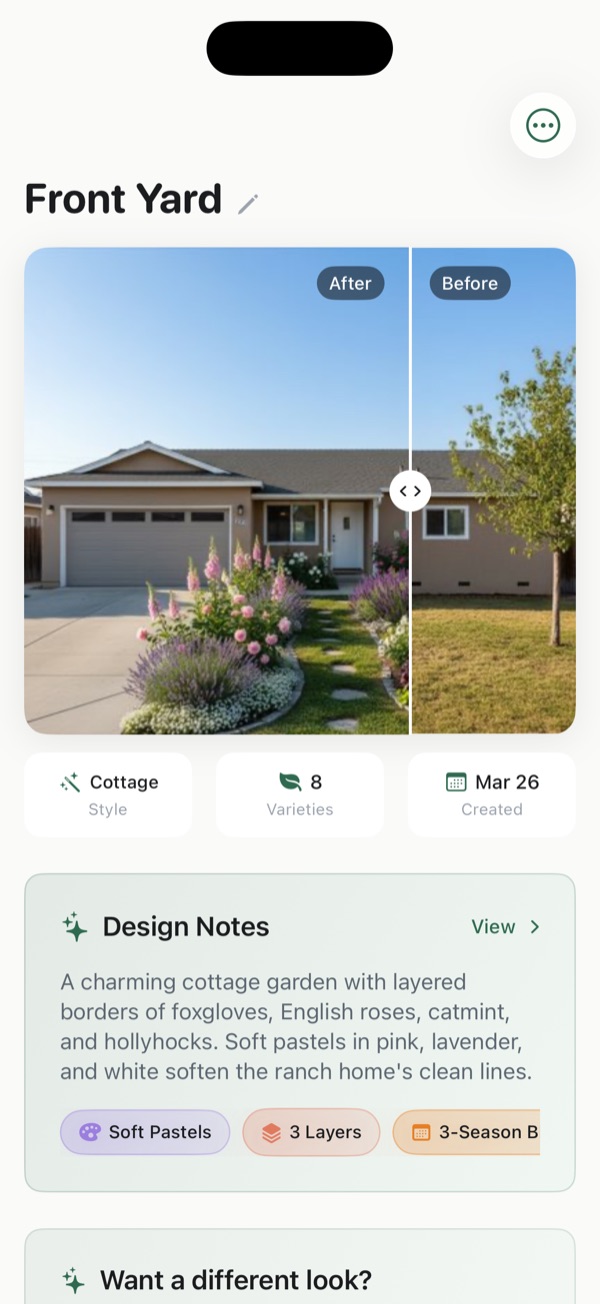 Garden detail view showing before and after transformation with design notes