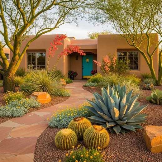 Desert landscape with succulents, agave, and natural stone
