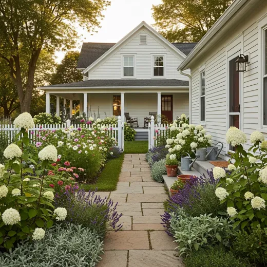 Farmhouse garden with rustic charm, cottage flowers, and picket fence