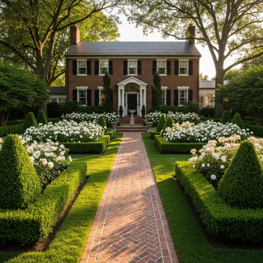 Formal garden with symmetrical hedges and structured planting beds