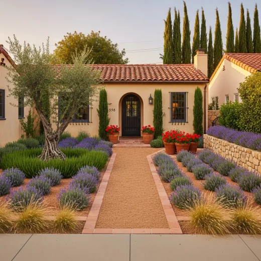 Mediterranean courtyard with olive trees